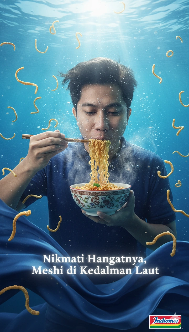 Instant Noodles & Pasta Brands creative ad: Underwater noodle-eating visual metaphor