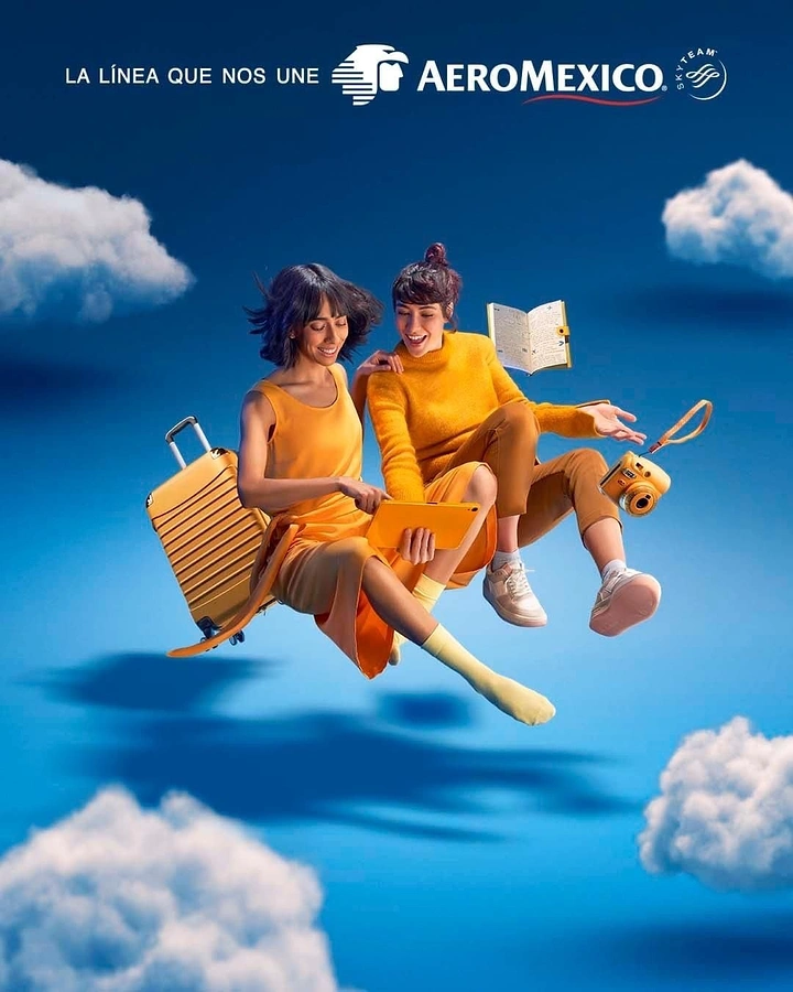 Airlines creative ad: Surreal floating travelers among clouds