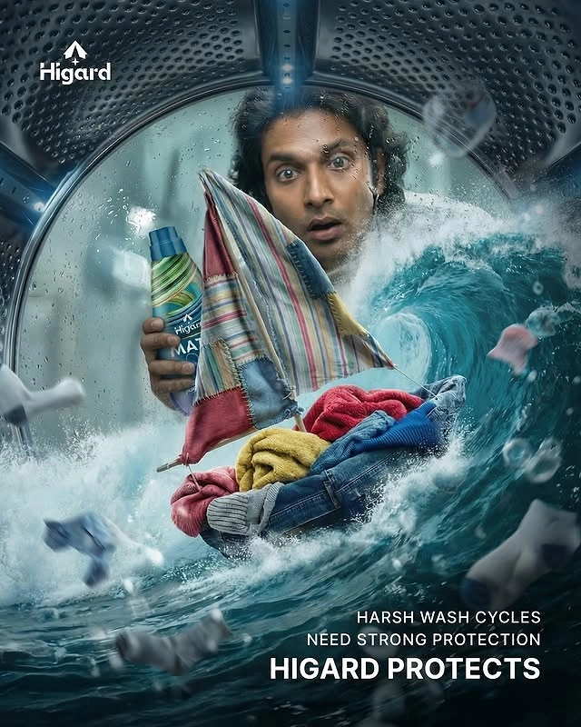 Laundry & Dry Cleaning creative ad: Man surfing tsunami inside washer drum