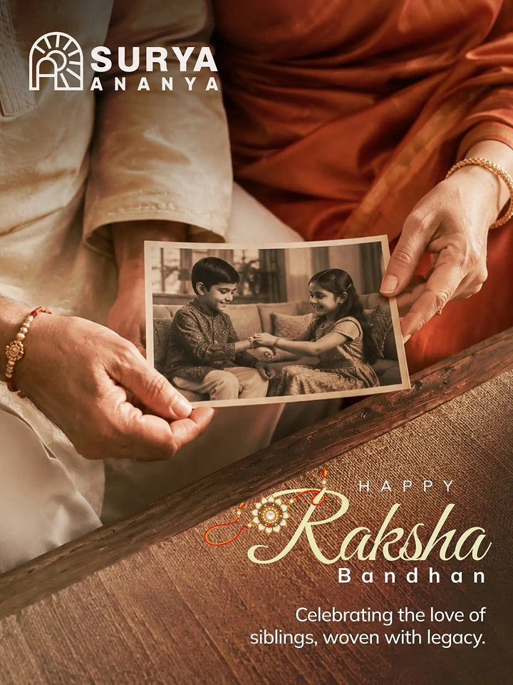 Raksha Bandhan creative ad: Elderly siblings' hands holding a sepia photo of children tying rakhi