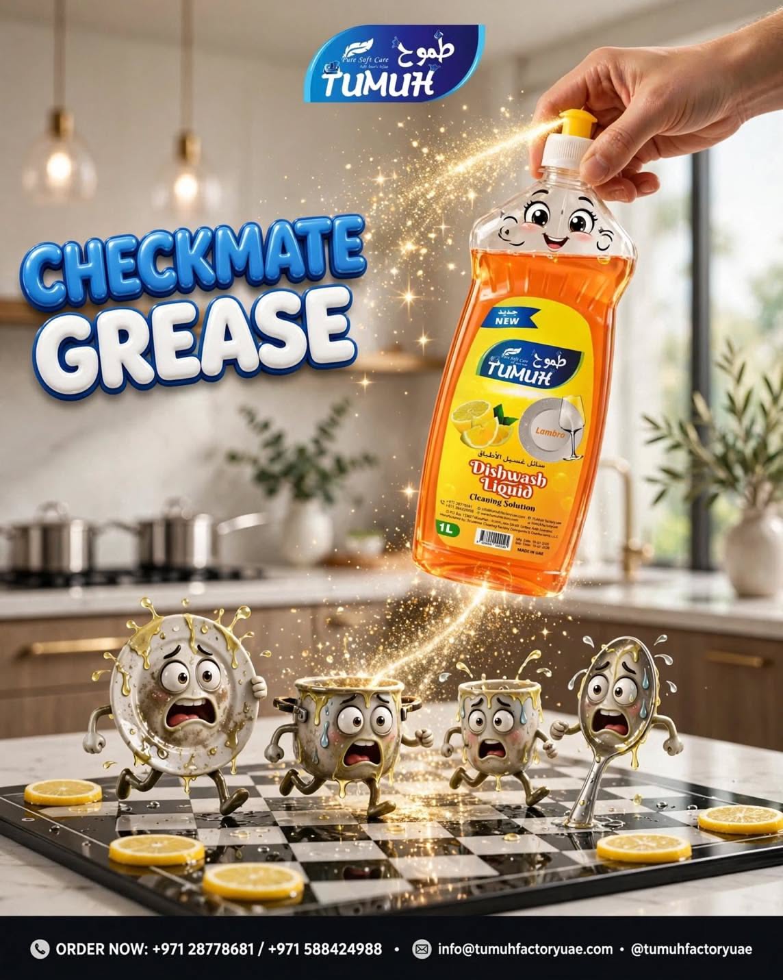 Instagram post: A hand squeezing a smiling dishwash bottle, sending greasy cartoon dishes running across a chessboard