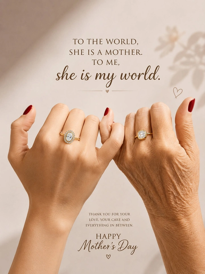 Mother's Day creative ad: Young and elderly hands linked by pinkies, each wearing a gold diamond ring