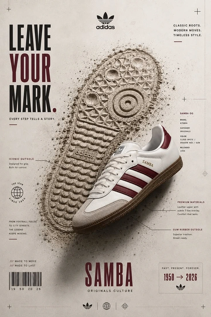 Streetwear creative ad: White sneaker with maroon stripes beside a giant sole print in sand