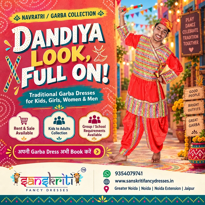 Navratri creative ad: Traditional garba clothing advertisement with a full-length male dancer in a colorful outfit