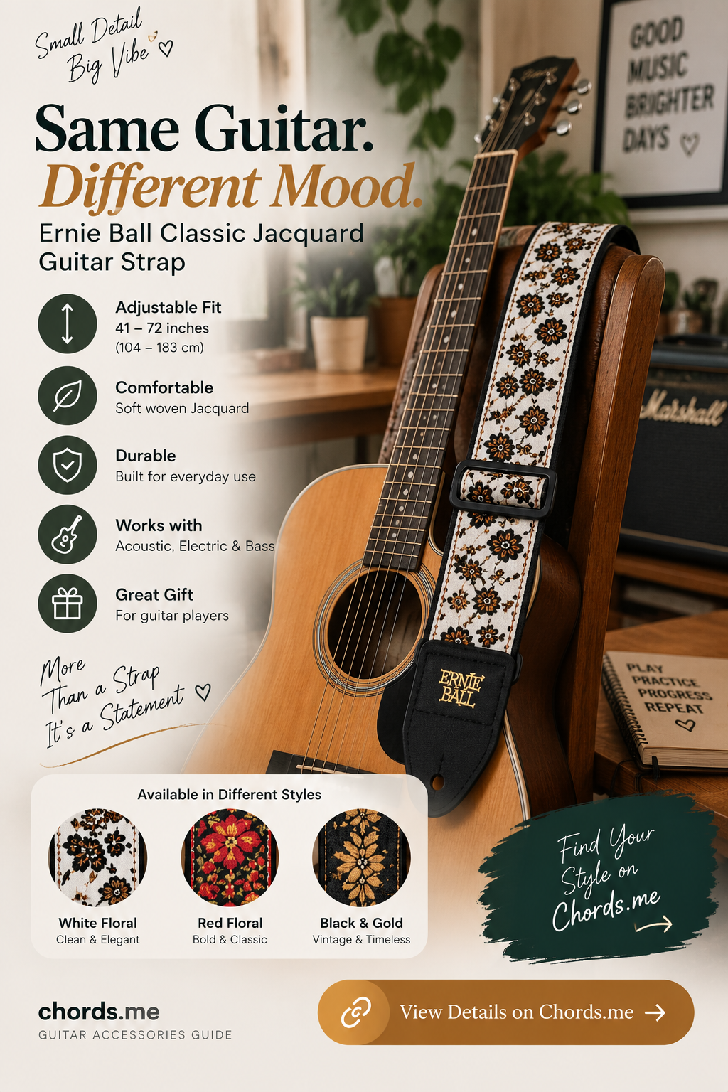 Poster: Acoustic guitar displayed with a patterned woven guitar strap