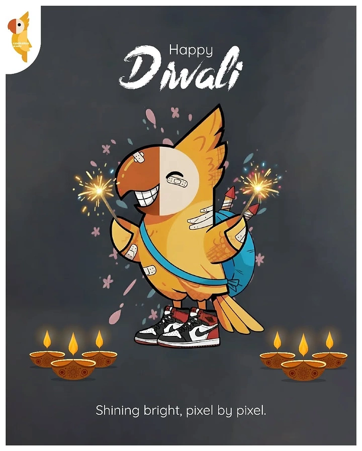 Diwali creative ad: Cartoon parrot mascot in sneakers holding sparklers