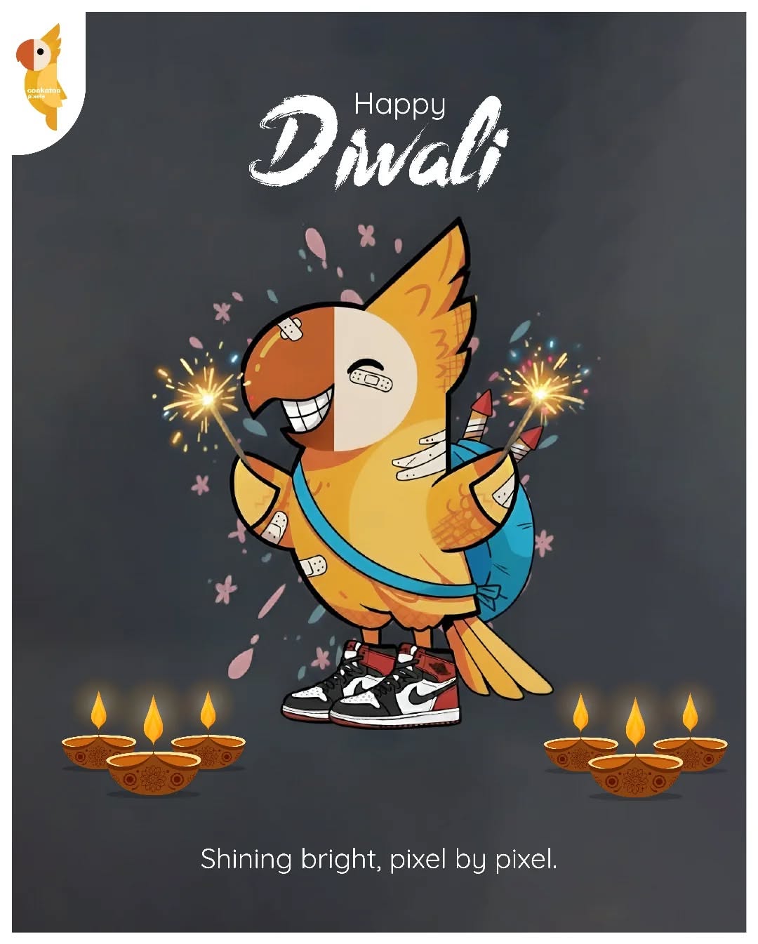 Cartoon parrot mascot in sneakers holding sparklers