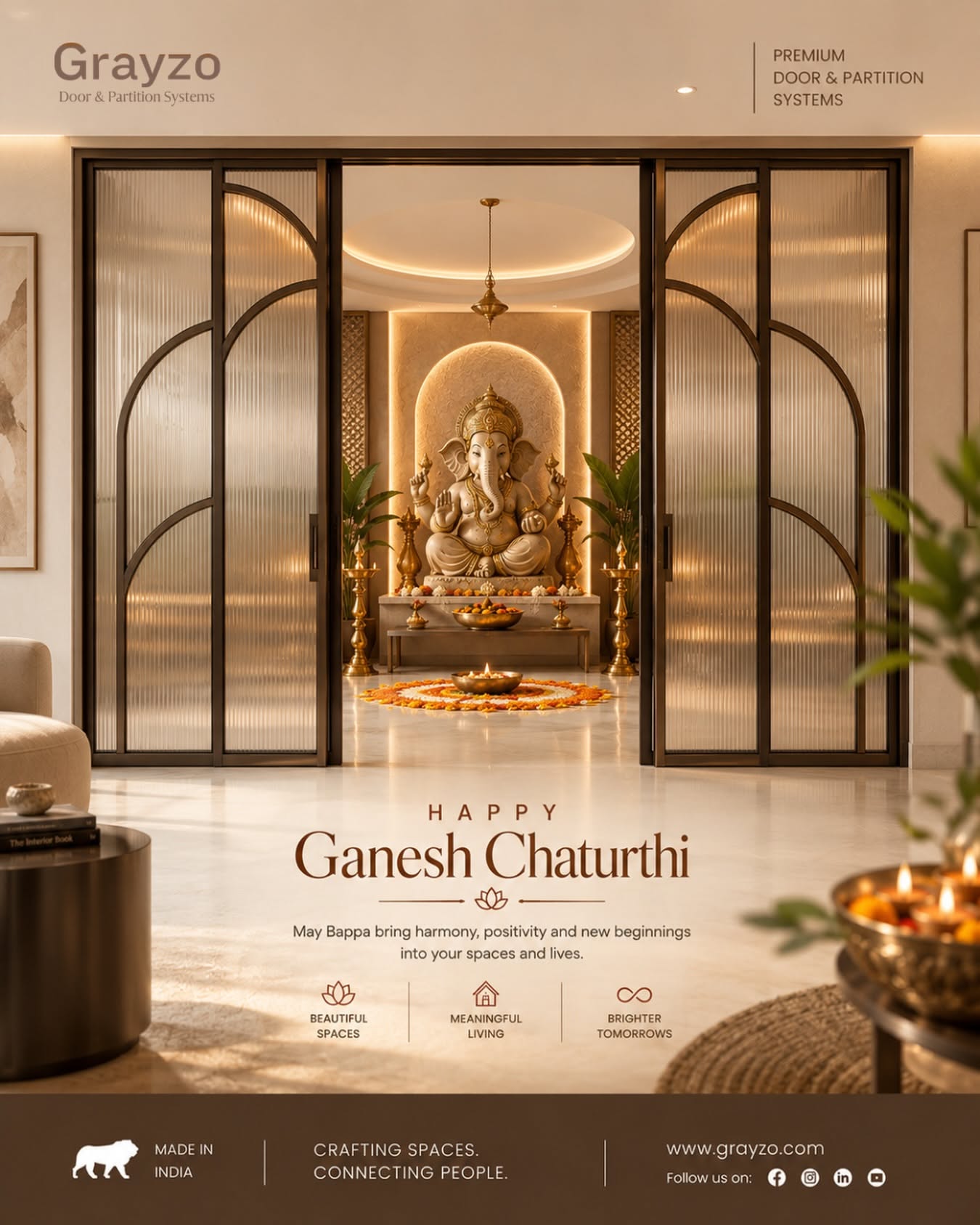 Ganesh Chaturthi Instagram post: Fluted-glass sliding doors opening onto a lit Ganesha shrine