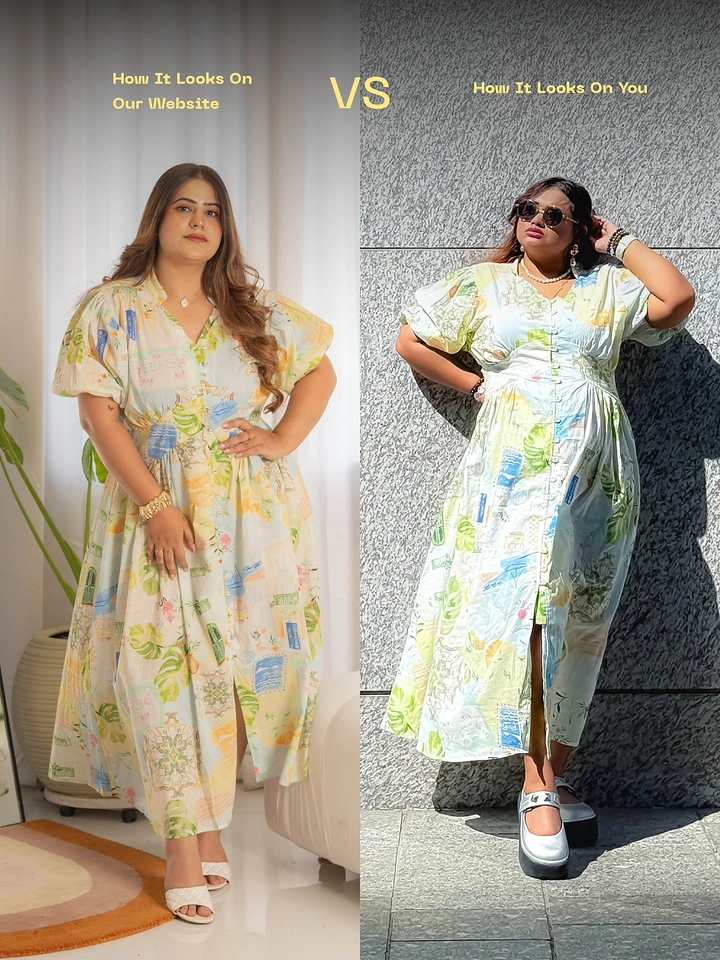 Plus-Size Fashion creative ad: Website-versus-wearing comparison concept