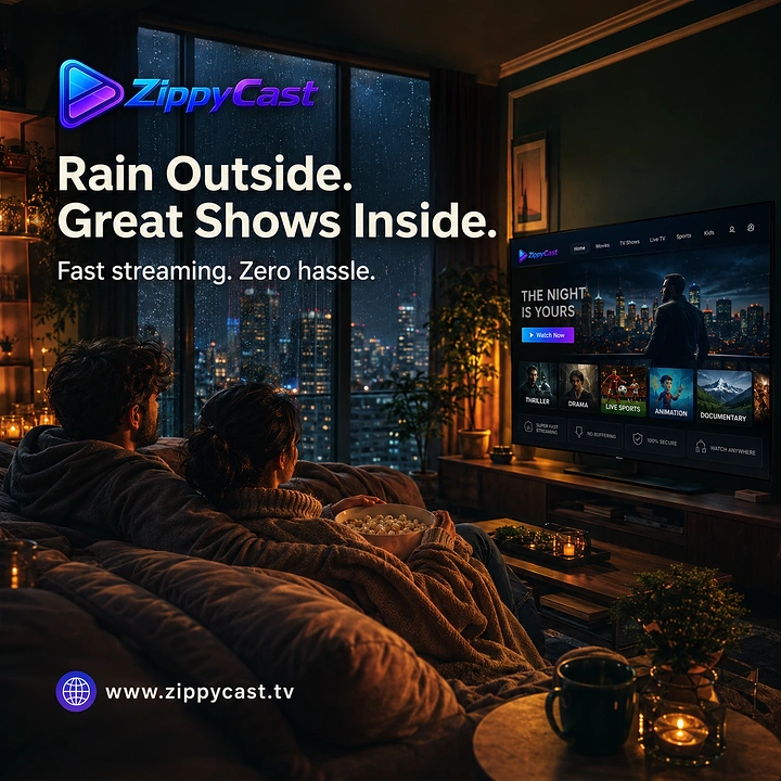 Streaming, OTT & TV Channels creative ad: Rain outside, great shows inside metaphor