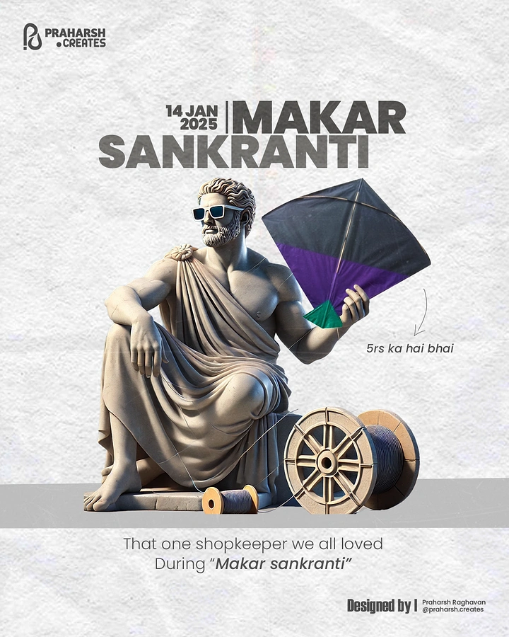 Makar Sankranti creative ad: Classical stone statue in sunglasses holding a kite beside a thread spool