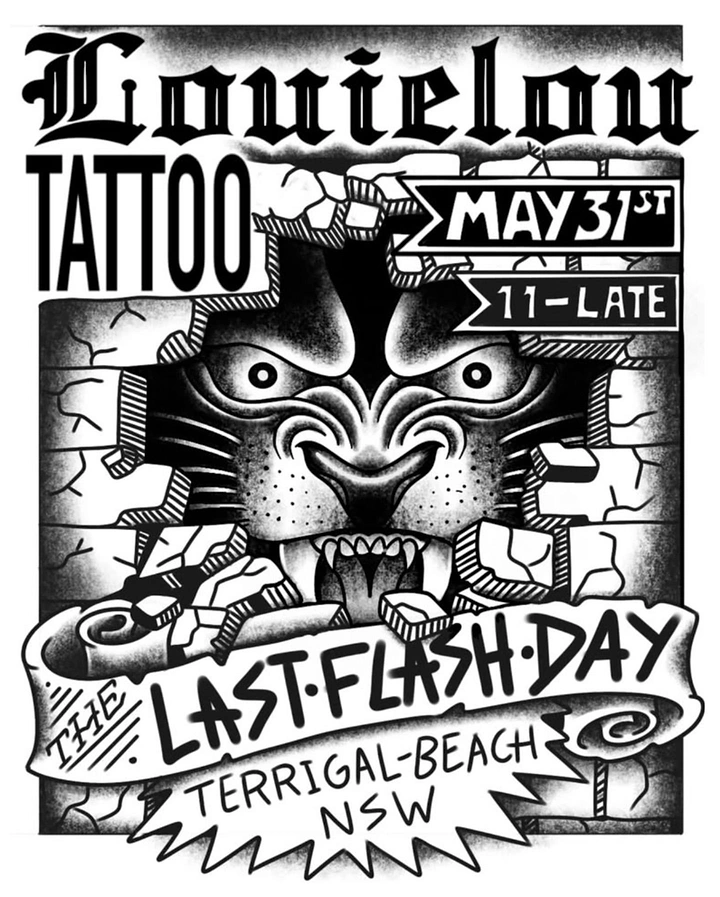 Tattoo Studios creative ad: Panther bursting through wall, flash-day poster