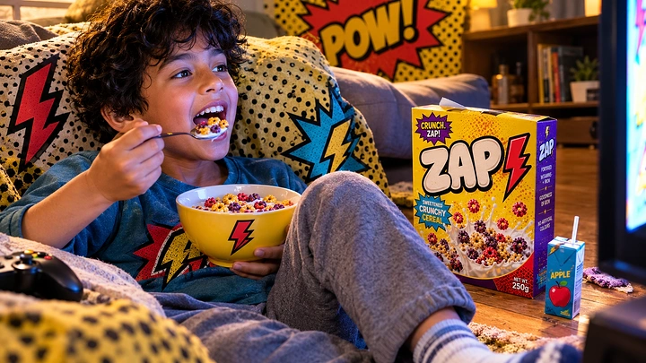 Breakfast Cereals & Oats creative ad: Comic-book graphics dramatize cereal energy
