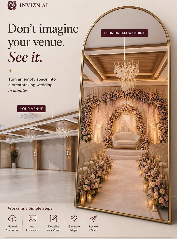 Events & Nightlife creative ad: Empty wedding venue transformed into an ornate floral wedding setting