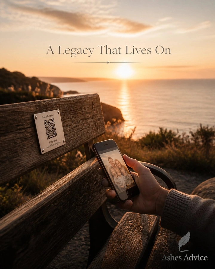Funeral Services creative ad: QR memorial plaque on bench, legacy