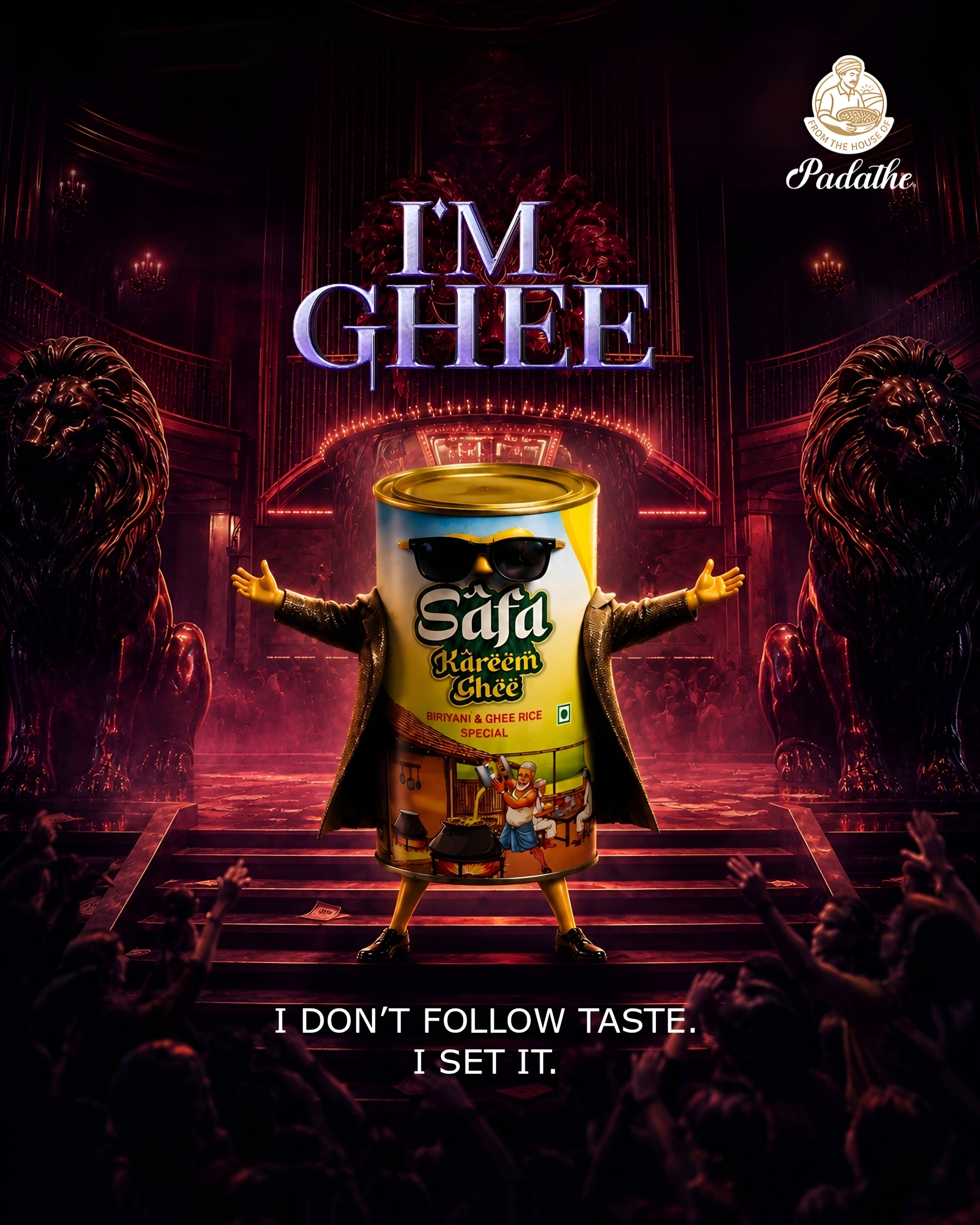 Instagram post: Ghee tin as swaggering villain hero