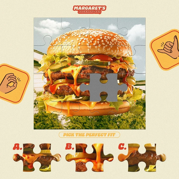 BBQ & Grill Restaurants creative ad: Burger transformed into puzzle pieces