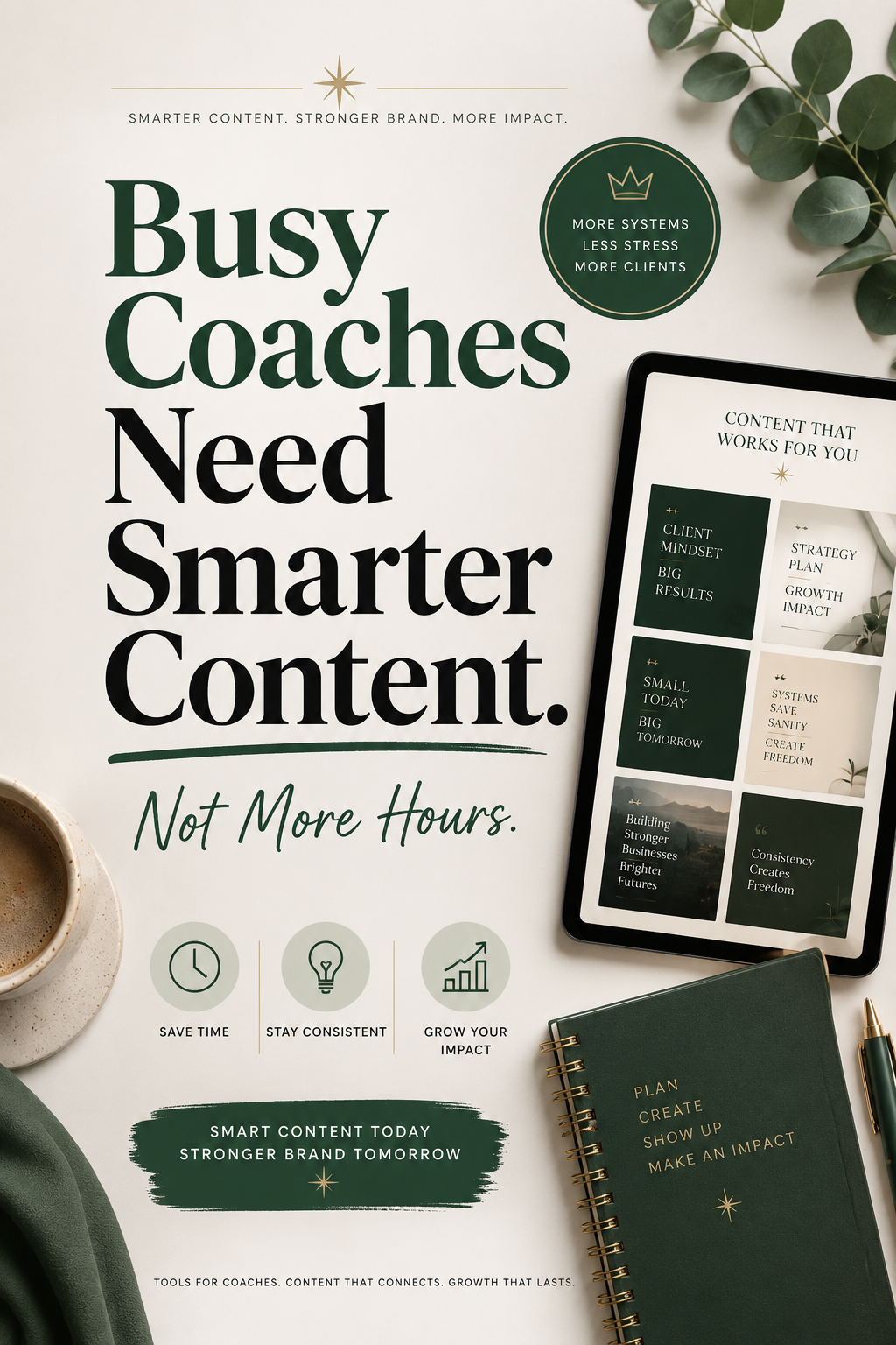 Poster: Flat-lay desk with a tablet showing a content grid