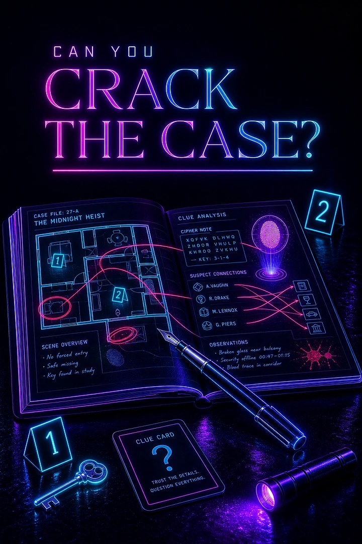 Escape Rooms creative ad: Neon detective blueprint frames escape challenge