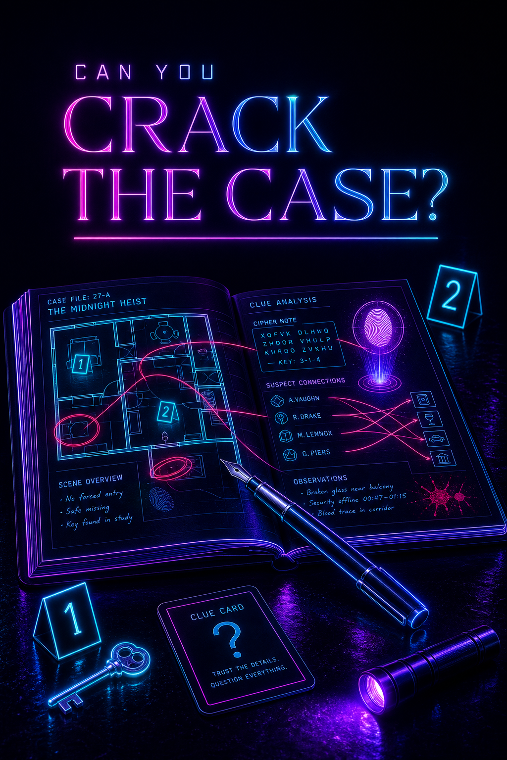 Story: Neon detective blueprint frames escape challenge