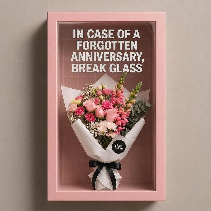 other-festival creative ad: A romantic flower bouquet presented inside a pink emergency display case