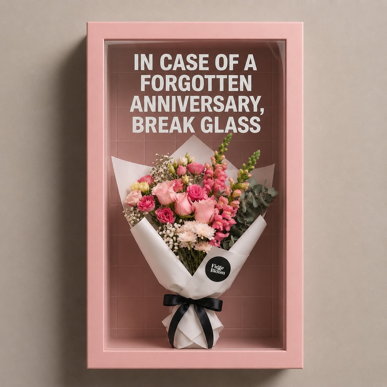 other-festival Poster: A romantic flower bouquet presented inside a pink emergency display case