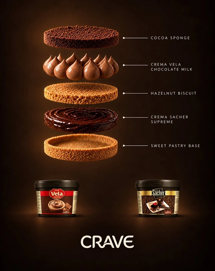 Creative ad: Exploded view of a layered chocolate tart with ingredient tubs