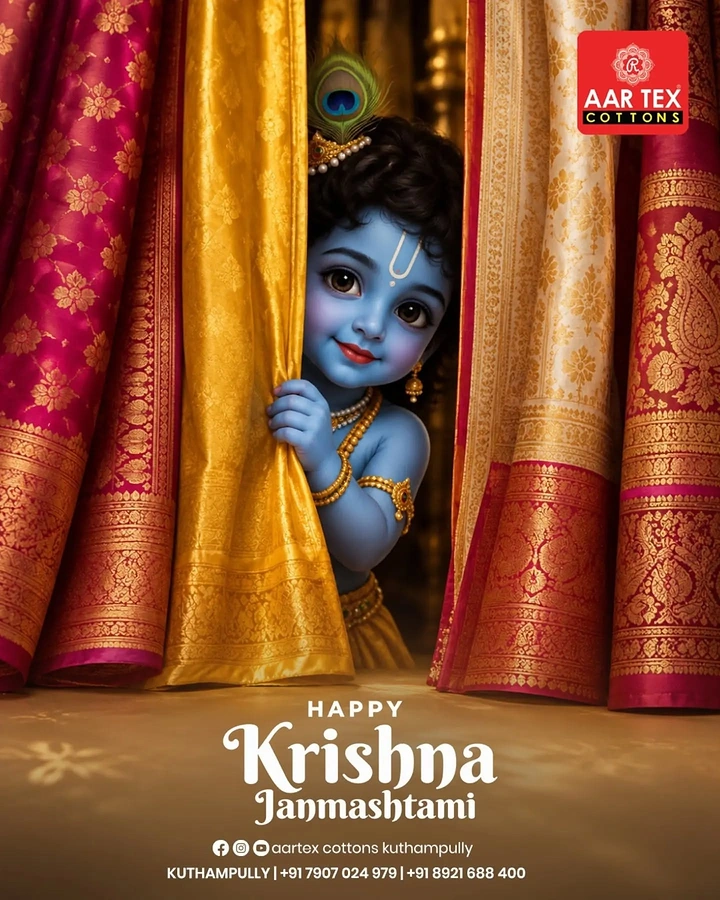 Janmashtami creative ad: Blue baby Krishna peeking between hanging silk sarees