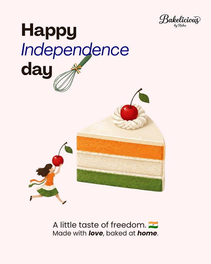 Independence Day creative ad: Tricolour layered cake slice with a girl carrying a cherry