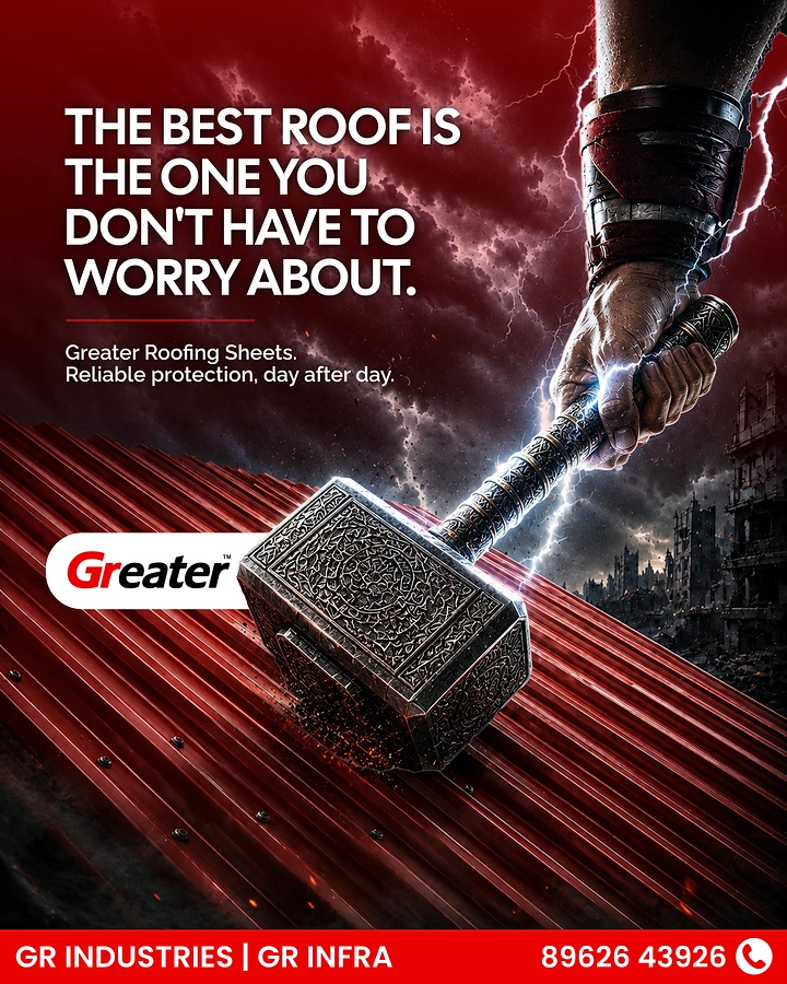 Roofing creative ad: Thor's hammer striking roofing sheet, durability