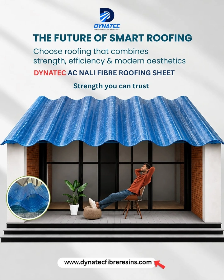Roofing creative ad: Oversized roofing sheet sheltering relaxed homeowner
