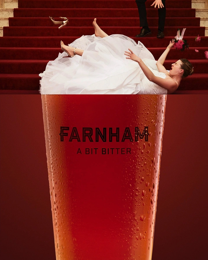Soft Drinks & Beverages creative ad: Bride tumbling down red stairs merging into a pint of amber beer