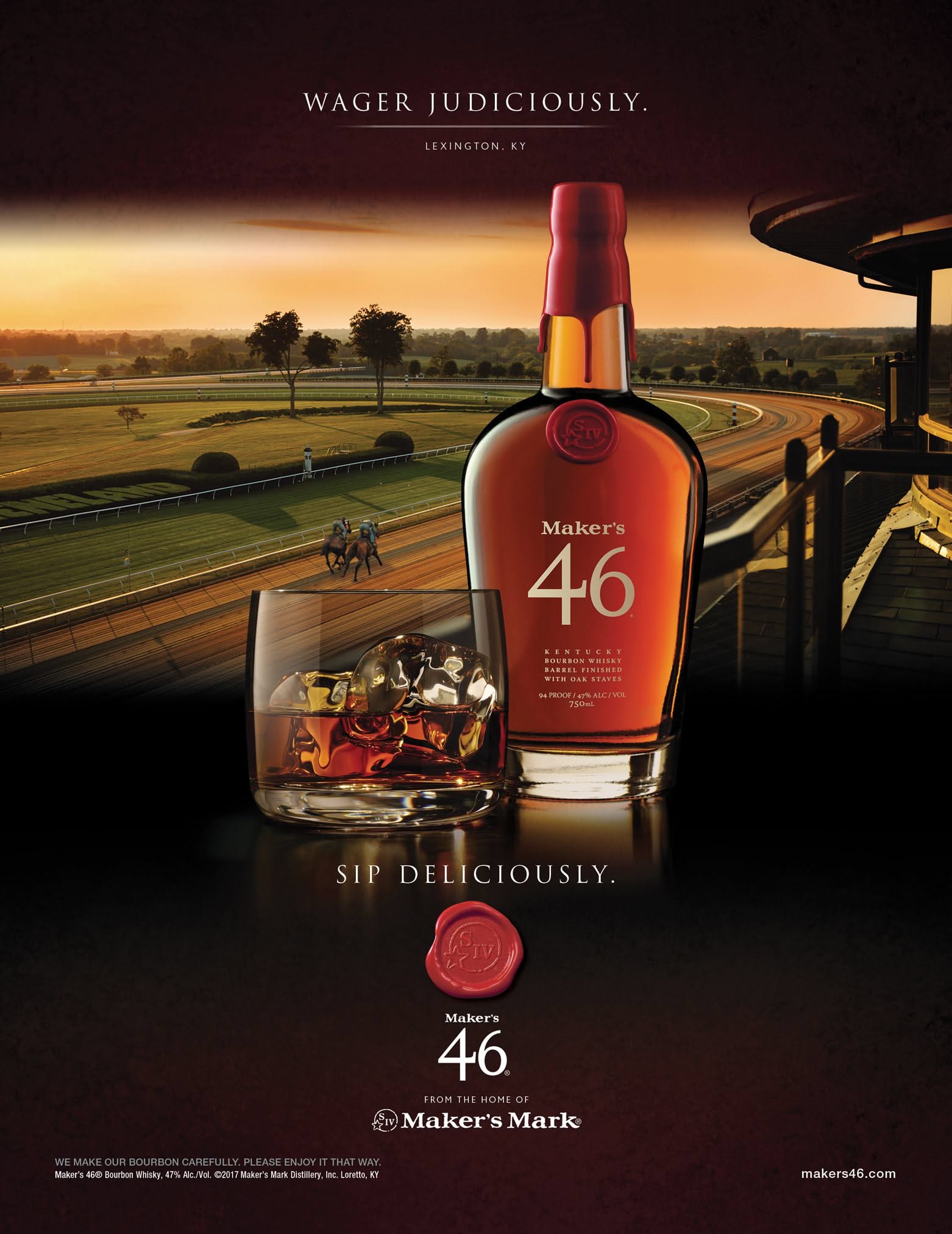 Poster: Bourbon bottle and rocks glass in front of a sunset horse racetrack