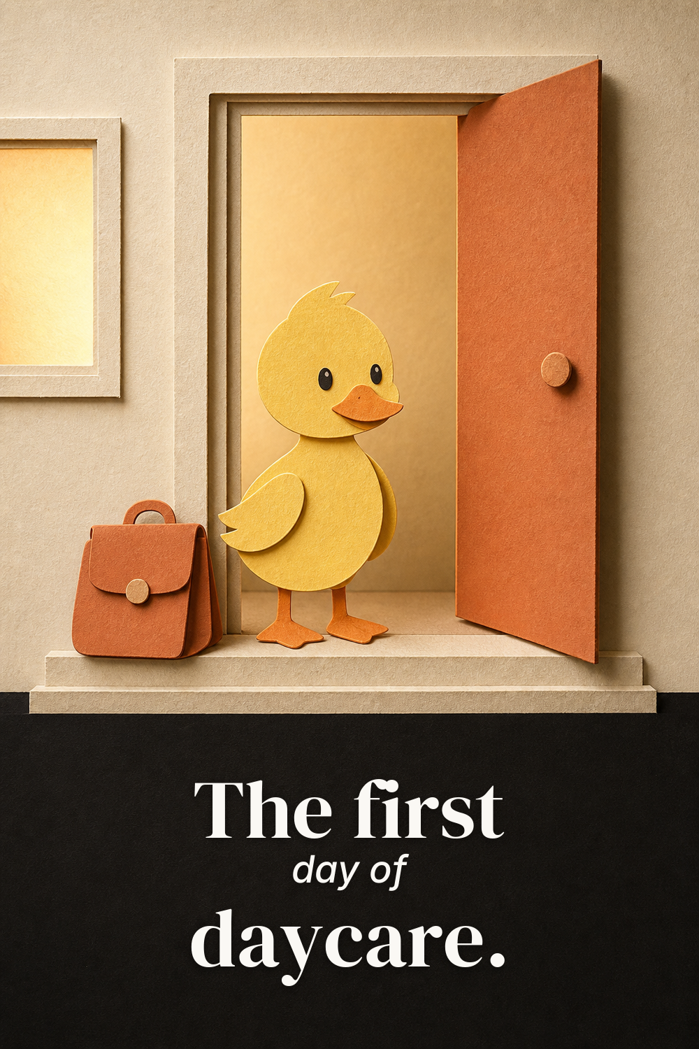 Poster: Paper-cut duckling standing in an open doorway beside a small backpack