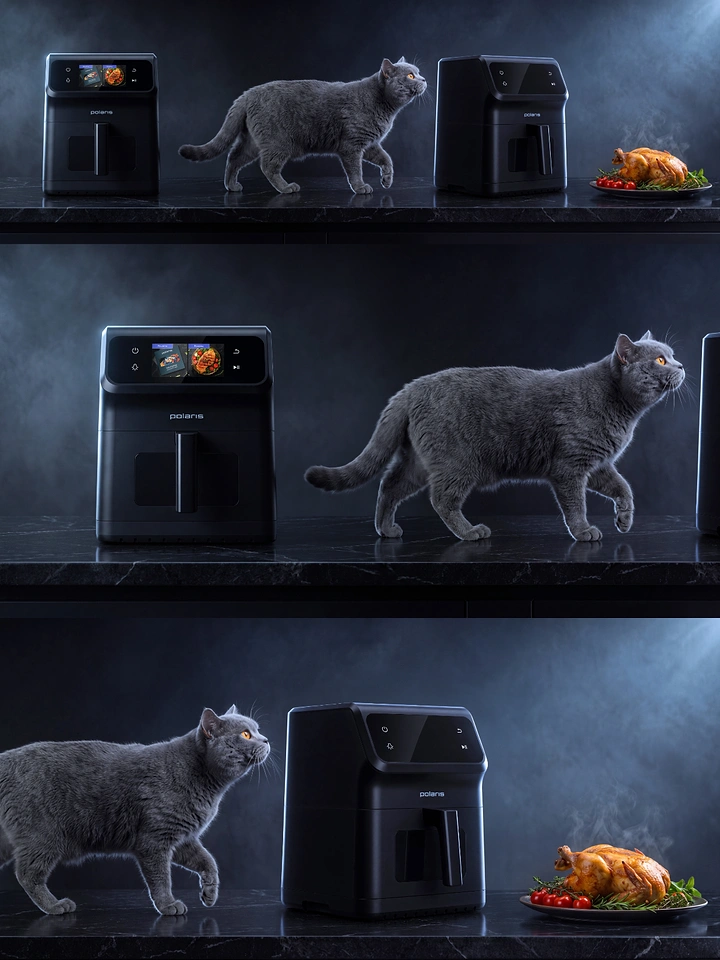 Home Appliances creative ad: Cat stalking roast chicken across air fryers