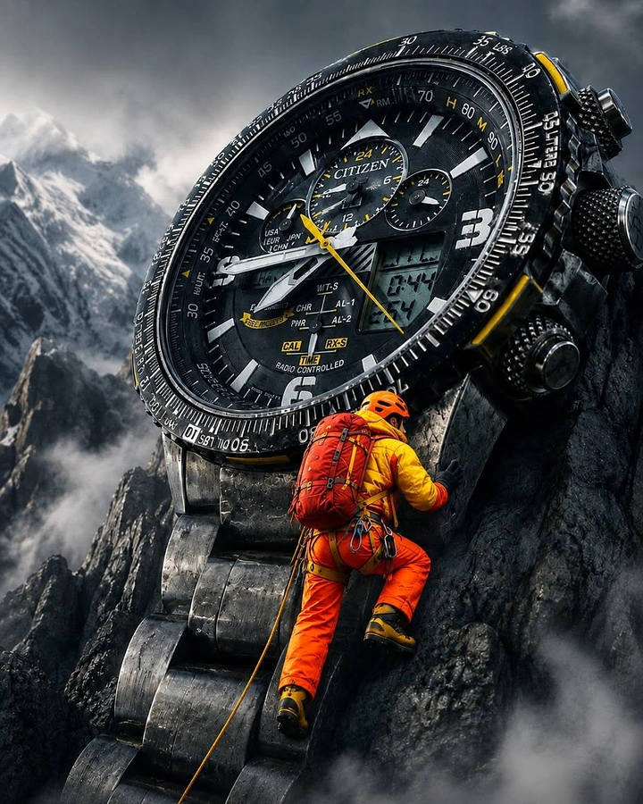 Adventure Sports & Trekking creative ad: Watch dial becomes a climbing landscape