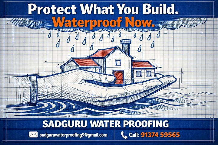 Waterproofing creative ad: Blueprint flood-protection illustration