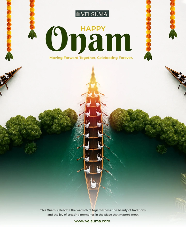 Onam creative ad: Top-down view of a Kerala snake boat with rowers on green backwater