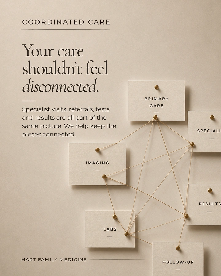 Healthcare creative ad: Pinned paper cards joined by gold string like a care network