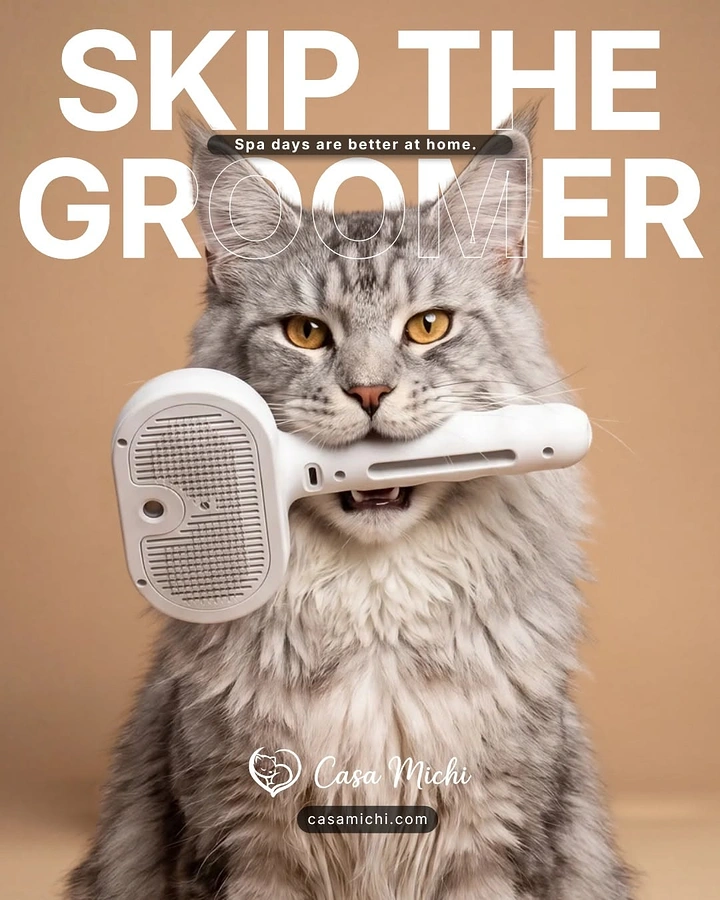 Pet Grooming creative ad: Cat biting brush obscures 'Skip the Groomer'