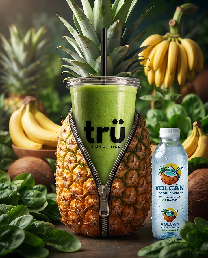 Juice Bars & Smoothies creative ad: Green smoothie cup emerging from an unzipped pineapple