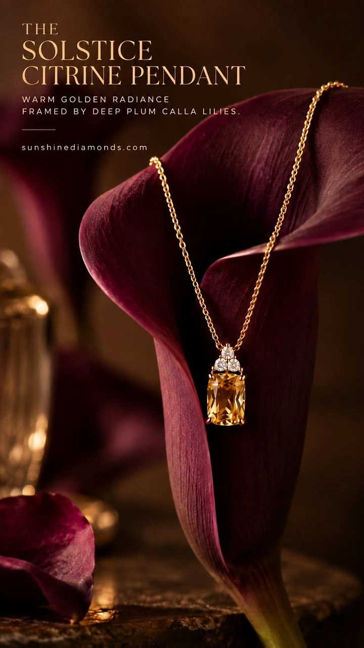 Creative ad: Citrine gold pendant draped over a deep plum calla lily
