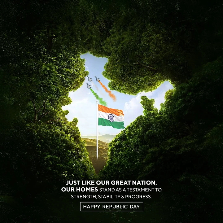 Republic Day creative ad: India-map-shaped opening in forest canopy revealing flag and jets