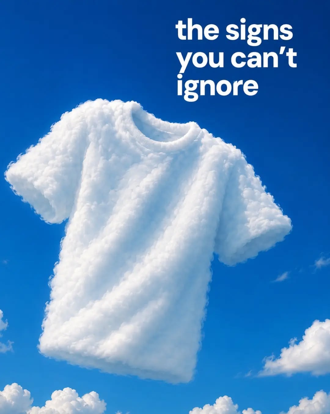 Carousel: T-shirt made of fluffy white cloud floating in blue sky, slide 1