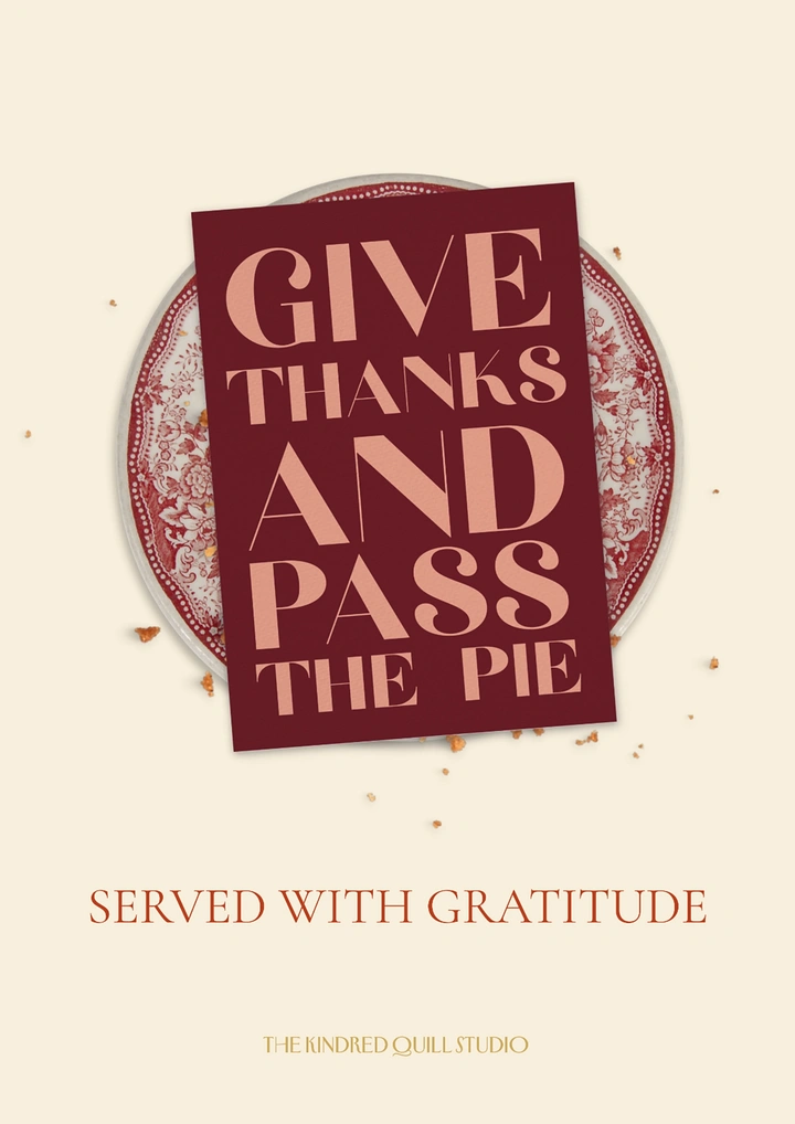 Thanksgiving creative ad: Maroon type card laid on a vintage red floral plate