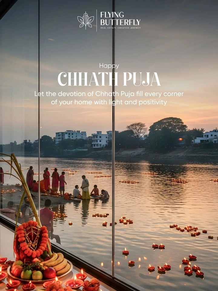 Chhath Puja creative ad: Sunset river ghat with floating diyas seen through a home's glass windows