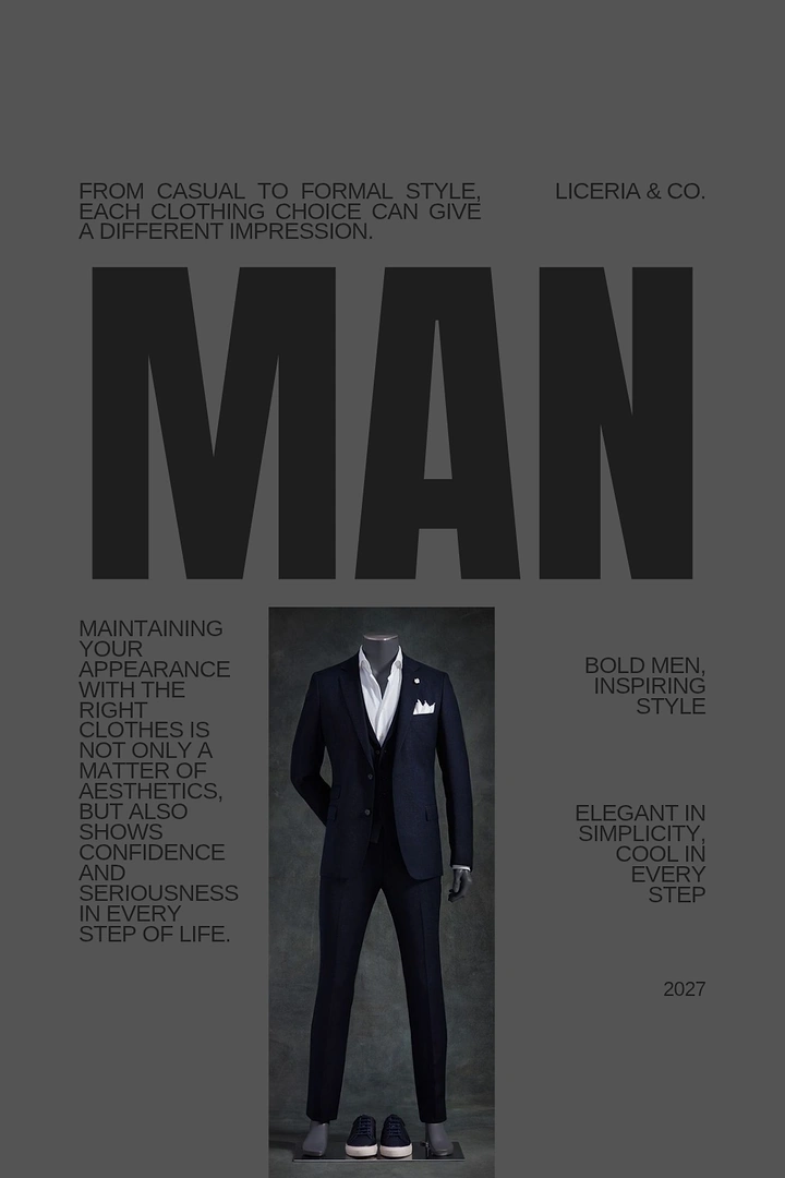Men's Suits & Formal Wear creative ad: Giant MAN typography frames tiny suit