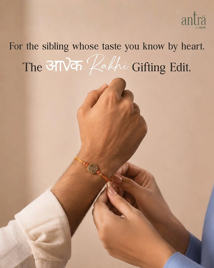 Raksha Bandhan creative ad: Sister's hands tying a gold rakhi on a brother's wrist