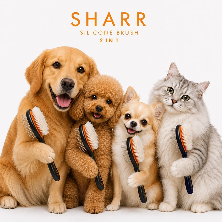 Pet Grooming creative ad: Pets holding brushes as product ambassadors