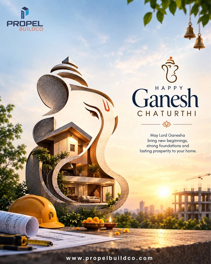 Ganesh Chaturthi creative ad: Stone Ganesha-shaped sculpture enclosing a lit modern home